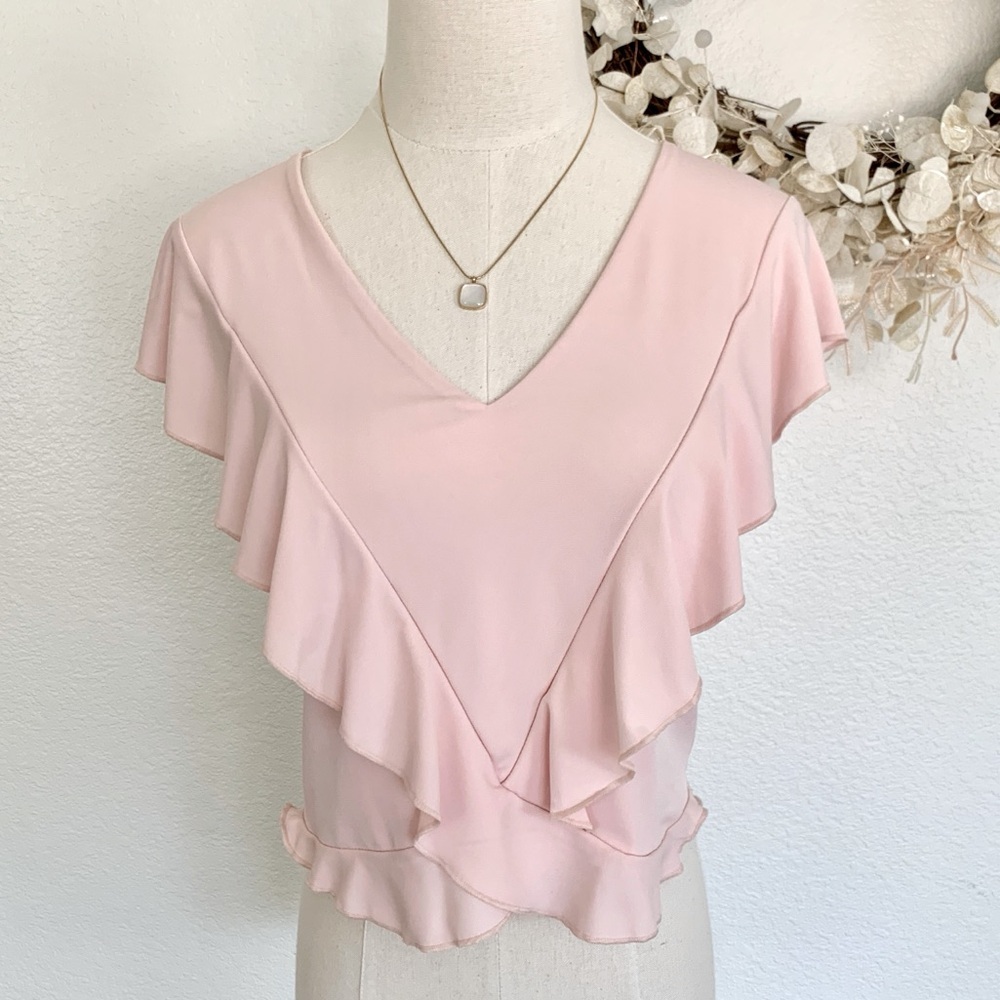 💗 EXPRESS Light Pink Ruffle Trim V-Neck Blouse Knit Top